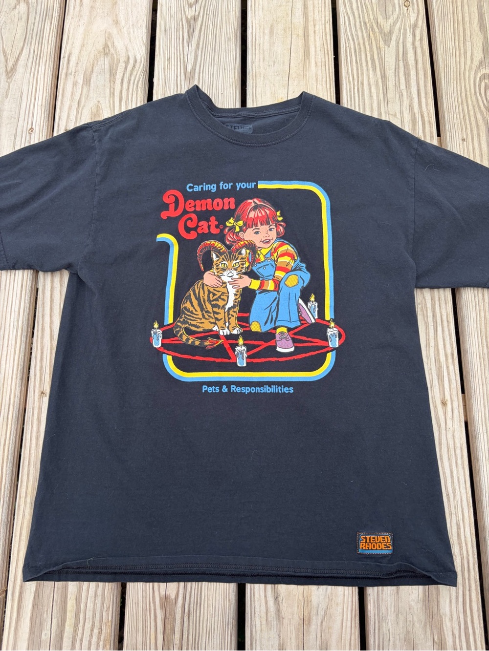 Steven Rhodes Demon Cat Graphic Tee Unisex L Black Excellent‎ Retro Occult Shirt